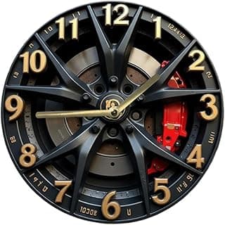 Relógio de parede mecânico com design de roda de carro, preto e dourado