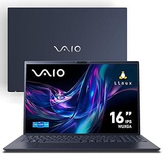 Notebook VAIO FE16 com tela de 16 polegadas aberta mostrando o sistema operacional Linux.