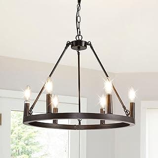 Lustre rústico de roda de vagão preto com seis luzes para sala de jantar