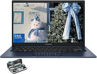 Notebook ASUS Vivobook 14 com tela de 1920 x 1080 Full HD e Intel Core, aberto com fones de ouvido sem fio TWE.