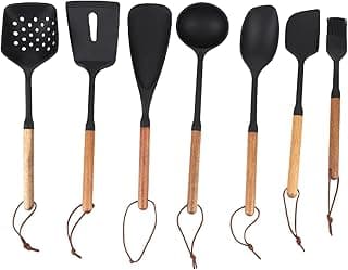 TOPINCN Conjunto de Utensílios de Cozinha de 7 Peças, Ferramentas de Cozinha Antiaderentes de Silicone à Prova de Calor Com Alça de Madeira, para Fritar, Servir, Drenar