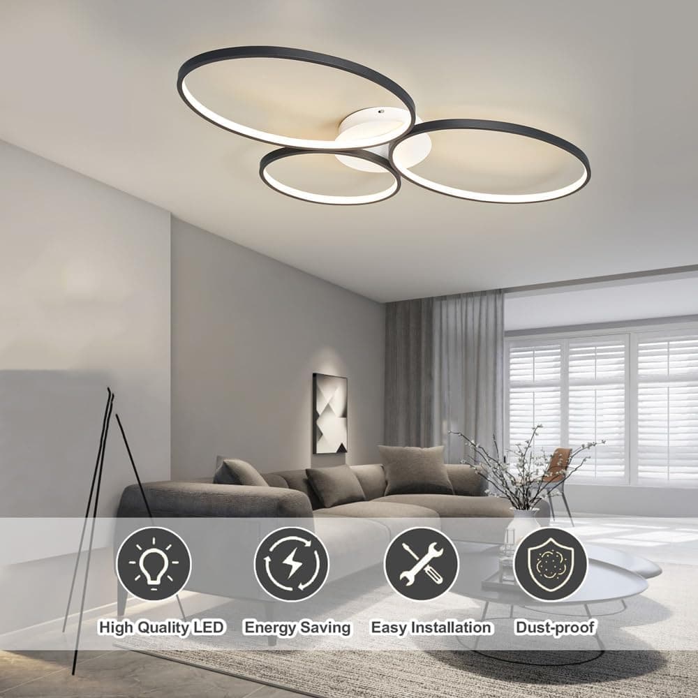 Luminária de teto LED moderna de 54W/66W com dimmer e controle remoto. Lustre de teto embutido com 3 anéis para sala de estar, sala de jantar, cozinha e quarto.