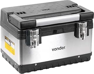 Caixa baú plástica/inox Vonder CBI 020, prateada com detalhes pretos e identificador amarelo.