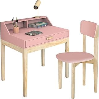 Escrivaninha rosa com cadeira para quarto, mesa de estudo com gaveta espaçosa, pés de madeira, fundo branco.