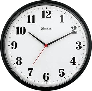 Relógio de parede quartzo preto com números de 1 a 12, ponteiros preto e vermelho, marca Herweg.
