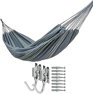 Kit com rede de descanso cinza com listras coloridas, ganchos e parafusos