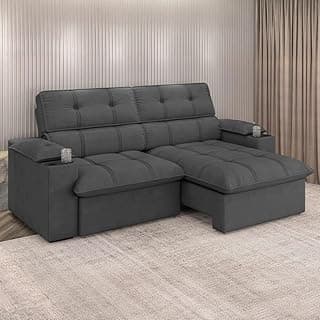 Sofá de canto cinza reclinável com almofadas removíveis, estilo minimalista.