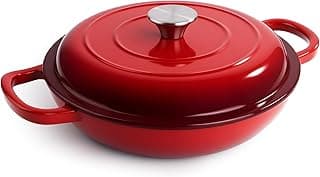 Frigideira de ferro fundido esmaltado vermelho com tampa, 3 litros, antiaderente, para forno, fogão, churrasqueira.