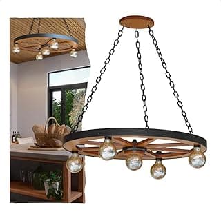 Lustre Pendente Rústico Roda Carroça Dupla Corrente Bocais E27 Bivolt Iluminação Decorativa Madeira Ferro Estilo Vintage Industrial Ambientes Sala Jantar Cozinha Varanda Chácara (Grande)