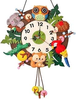 Relógio de parede infantil DIY com animais de feltro, estilo selva, números de 1 a 12