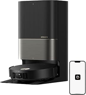 Robô aspirador e esfregão Dreame X50 Ultra em preto e cinza com smartphone branco