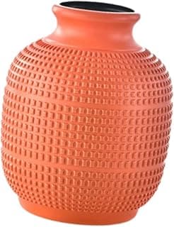 Vaso decorativo laranja com padrão de quadrados, peça central minimalista para mesa
