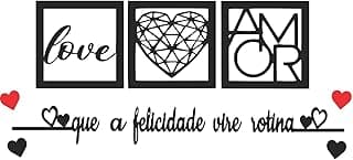 Kit 3 Quadros Decorativos com Frase de Parede 'Amor', 'Love' e 'Que a Felicidade Viro Rotina' com Corações Vermelhos