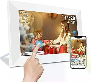 Porta retrato digital 10.1 polegadas branco com Wi-Fi e USB, exibindo foto de família com ícone de Wi-Fi