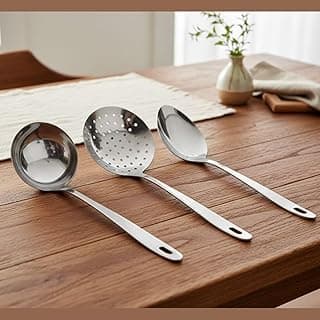 Kit de Utensílios de Cozinha em Aço Inox 3 Peças Concha Colher e Escumadeira
