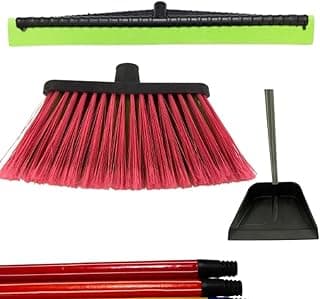 Kit de limpeza doméstica com vassoura vermelha, rodo verde e preto, pá coletora e cabos