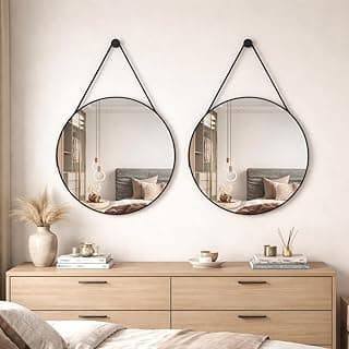 Kit com 2 espelhos decorativos Adnet 50cm com alça em couro preto