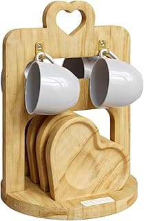 Jogo de xícaras de café com pires e suporte de madeira, design de coração