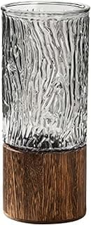 Vaso de vidro com base de madeira, textura ondulada prateada