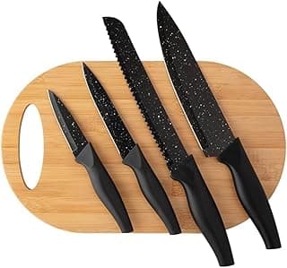 Kit de Facas Pofissional Premium, 5 Peças, Aço Inox e Bambu, Preto, com Tábua de Corte, 33 cm x 20 cm, Felix Magazine