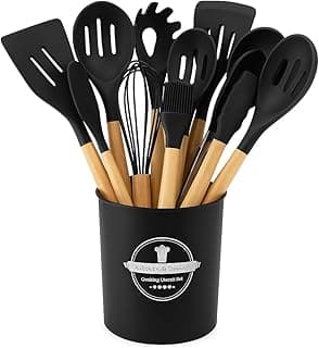 Kit 12 Peças de Utensílios de Cozinha de Silicone com Cabo de Madeira, Preto, Resistente a Altas Temperaturas Dia a Dia
