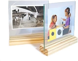 Porta retrato de mesa duplo com vidro transparente e suporte de madeira