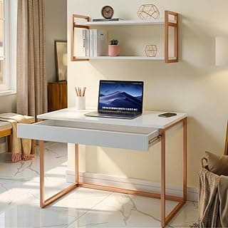 Kit Mesa Home Office Escrivaninha Industrial com Gaveta e Prateleira 100% MDF Premium Branco e Aço Rose Cobre