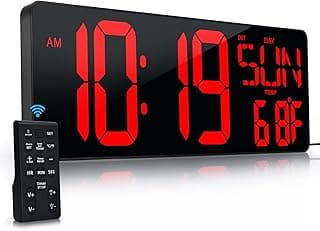 Relógio de parede digital grande com controle remoto, exibindo hora, data, dia da semana e temperatura.