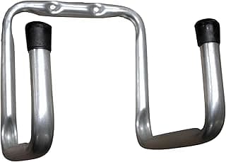 Suportes de gancho metálicos para parede, para pendurar bicicletas, escadas ou mangueiras, com extremidades pretas e corpos prateados.