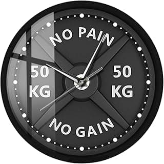 Relógio de parede redondo com design de barra de peso, frase motivacional 'NO PAIN NO GAIN', números '50' e 'KG'.