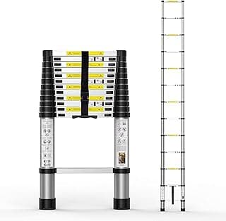Escada telescópica de alumínio com 13 degraus e 4 metros, design compacto, travas de segurança, degraus pretos e amarelos, fundo branco.