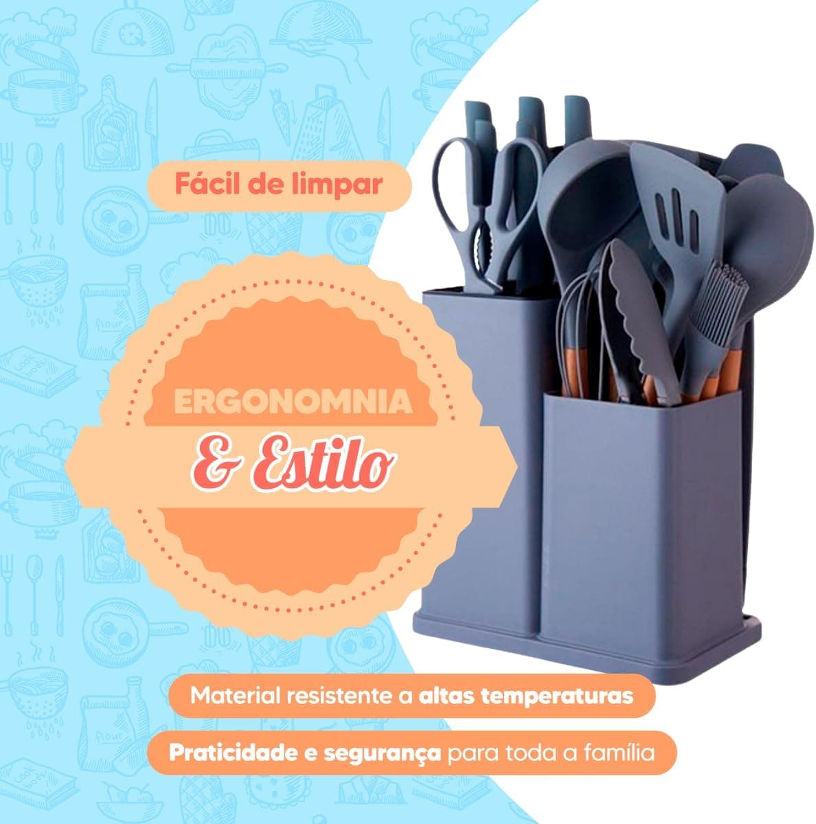 Utensilios para Cozinha Silicone Kit com 19 Peças Cabo Madeira Conjunto Completo Espátula Concha Colher Jogo Suporte Faca Antiaderente Tabua Tesoura Faqueiro (VERDE 02)
