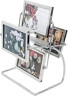 Porta retrato giratório de metal com oito fotos de flores e objetos