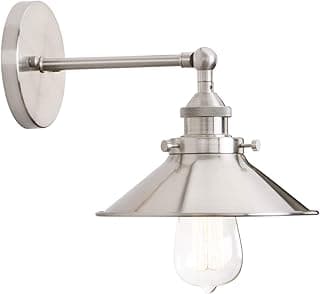 Arandela de parede industrial vintage em níquel escovado, 180 graus ajustável, iluminação com cúpula de vidro transparente.
