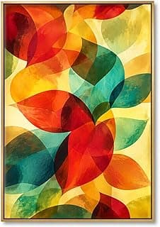 Quadro decorativo de folhas coloridas em canvas com moldura de madeira, fundo amarelo, 60x90 cm.