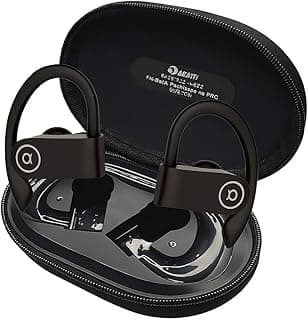 Fone de ouvido Bluetooth esportivo preto com 45h de bateria, IPX5 à prova d'água, com microfone embutido, design ergonômico para esportes, corridas e atividades físicas.