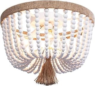 Lustre de teto retro com contas brancas e franja marrom