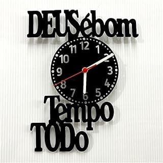 Relógio de parede moderno branco e preto com frase Deus é bom o tempo todo