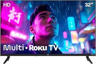 Smart TV DLED 32 polegadas Multi Roku TV exibindo cena noturna