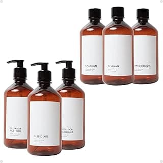 Kit 6 frascos âmbar 500ml para lavanderia e cozinha, detergente, removedor de gordura, amaciante, alvejante, sabão líquido