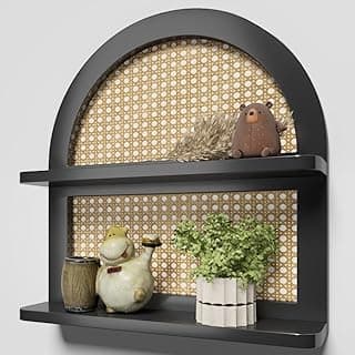 Prateleira de parede de vime Boho de madeira – Prateleira flutuante de vime arqueado de 2 camadas de madeira preta, nova prateleira boho, prateleiras rústicas para decoração de berçário de fazenda
