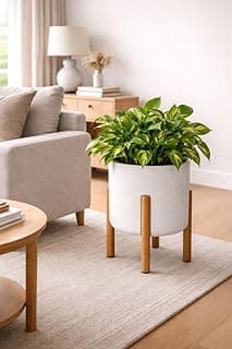 Vaso de planta branco com pés de madeira para decoração de jardim em casa