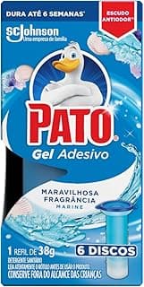 Desodorizador sanitário Pato Gel Adesivo Marine com 6 discos, fragrância marinha, embalagem azul e branca