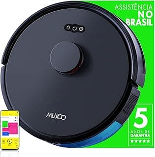 Robô aspirador Mujoo LIDAR X6max, preto com detalhes em azul, controle na parte superior, fundo verde com garantia de 5 anos e avaliação de 5 estrelas.