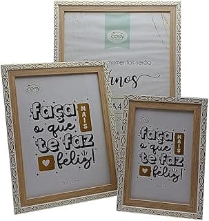 Conjunto de 3 porta-retratos premium com molduras bege e acabamento dourado, tamanhos 10x15cm, 15x20cm e 21x29,7cm