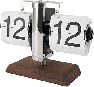Relógio mecânico de mesa flip 24 horas automático vintage com números grandes, aço inoxidável e base de madeira