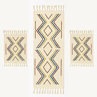 Kit de tapetes de cozinha com design geométrico em algodão artesanal, três peças com padrões coloridos.