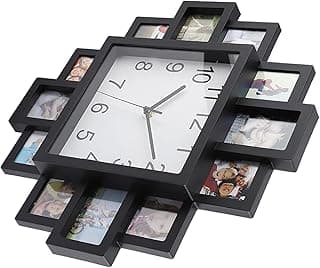 Relógio de parede com moldura para fotos, preto e branco, com mostrador central e molduras em preto.