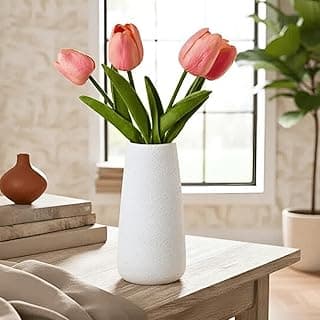 Vaso Nórdico Cerâmica Branco Textura Boho Minimalista Moderno 800ml com Tulipas Rosas