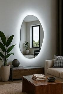 Espelho decorativo orgânico com LED instalado em sala de estar minimalista